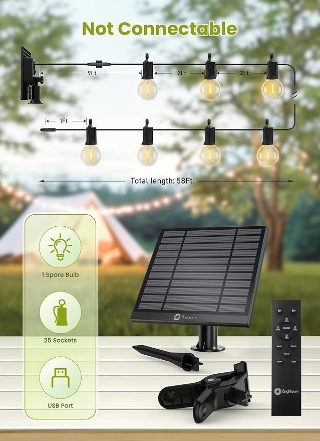 Brightown 58FT Solar String Lights Outdoor with Remote Cable Ties Hooks, 26 LED Shatterproof Bulbs, 3 Light Modes, Dimmer & Timer, Commercial Grade Patio Lights for Yard Balcony Pergola Party Decor