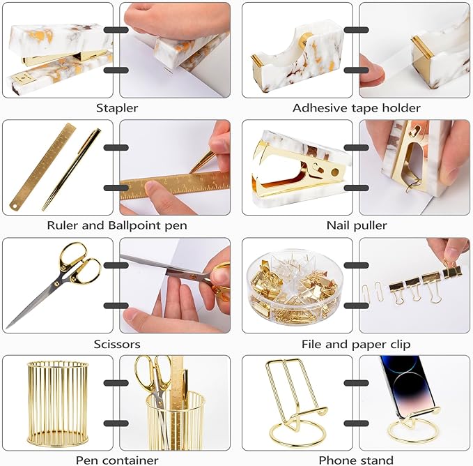 Office Desk Accessories Supplies - 13 Pcs Women Gold Marble Desk Decor Set, Cute Aesthetic Office Essentials Kit, Stapler Tape Dispenser Pen Organizer, Acrylic Mini Teacher Stuff for School Home Work
