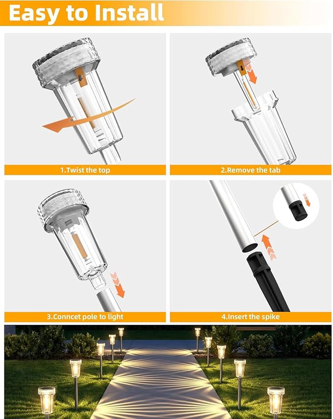DERAYSION 12 Pack Solar Pathway Lights Outdoor, Auto Dusk-to-Dawn Landscape Garden Lighting, Waterproof Stainless Steel Pole Lighting for Path, Yard, Walkway, Garden, Driveway Decor - Warm White