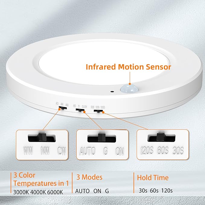 Motion Sensor Ceiling Light Hardwired, 7.5 Inch 3000K 4000K 6000K Selectable LED Flush Mount Ceiling Light Fixture with Timer, 15W Motion Sensor Light Indoor for Closet Hallway Laundry Stairs