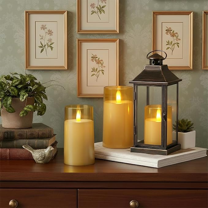 Raycare Flameless Electronic Pillar Candles with Remote Control and Timer- Battery Operated Realistic Flickering LED Fake Candle for Home, Wedding, Valentine's Day Decor, Gold,Set of 3(3"x4"5" 6")