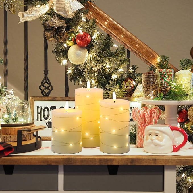 DRomance Flameless Flickering Candles String Light with Remote Timer Set of 3 Battery Operated LED Pillar Candles Real Wax 3D Wick Yellow Light Christmas Holiday Decor(3 x 5, 6, 6.8 Inch)
