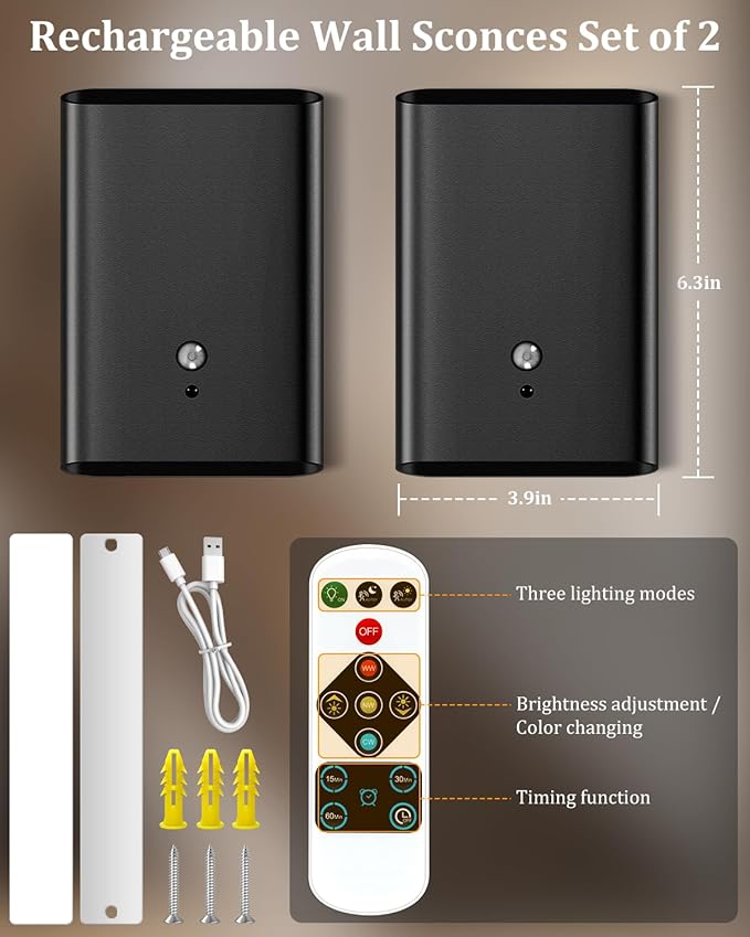 Motion Sensor Wireless Wall Sconce Set of 2 - Battery Operated Wall Light with Timer&Remote Control, 3 Color Temp & Brightness Adjustable 6000mAh Rechargeable for Stairs Bedroom Living Room, Black