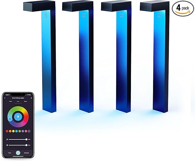 Atomi Smart WiFi LED Pathway Lights— 4-Pack Starter Kit, 800 Lumens, Tunable, Dimmable, Link up to 40 Lights, IP65-Rated, White and RGB 2500K-9000K, App Control, Works with Alexa and Google Assistant