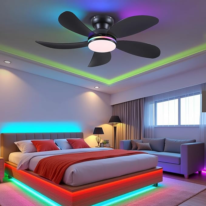 PHORUS 42" Black RGB Ceiling Fans with Lights and Remote/APP,Low Profile Ceiling Fans with Quiet Reversible DC Motor,Small Modern Flush Mount Ceiling Fan Light for Bedroom Kids Room
