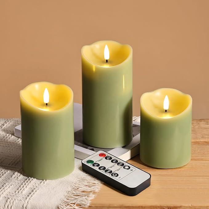 Eywamage Sage Green Flameless Pillar Candles with Remote, Flickering LED Wax Candles Battery Operated Spring Home Decor Set of 3