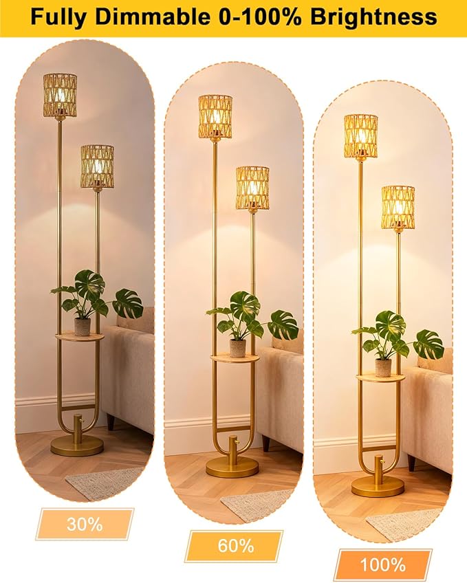Lightdot 63IN Gold Floor Lamp with Table& Rattan Shades Mid Century Standing Lamps with Warm White Bulbs Included, Unique Vintage Tall Floor Lamp for Living Room/Wedding/Party/Sofa Beside/Corner Decor