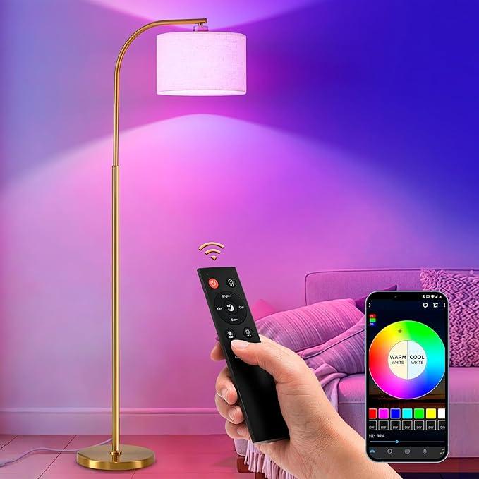 Floor Lamp for Living Room with Remote,Dimmable Tall Standing Lamps,Modern Gold Floor Light with Smart RGB Bulb,App Control,3 Color Temperatures,Fabric Shades,Floor Lamp for Bedroom Office Corner