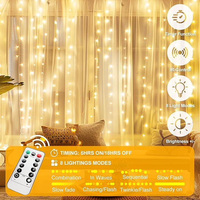 300 LED Fairy Curtain Lights, 9.8 x 9.8FT Warm White USB Plug in 8 Modes Hanging Lights with Remote for Christmas, Bedroom, Indoor, Outdoor, Weddings, Party (Warm White)