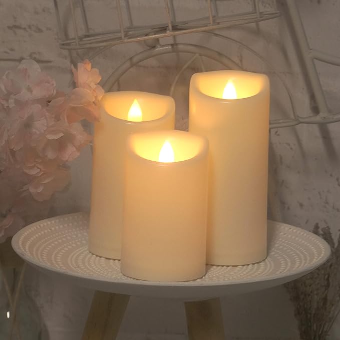 CANDLE CHOICE Outdoor Battery-Operated Flameless Candles with Remote Timer Waterproof Flickering Plastic Electric LED Pillar Lights for Lantern Patio Garden Wedding Halloween Christmas 3x5,6,7” 3 Pack