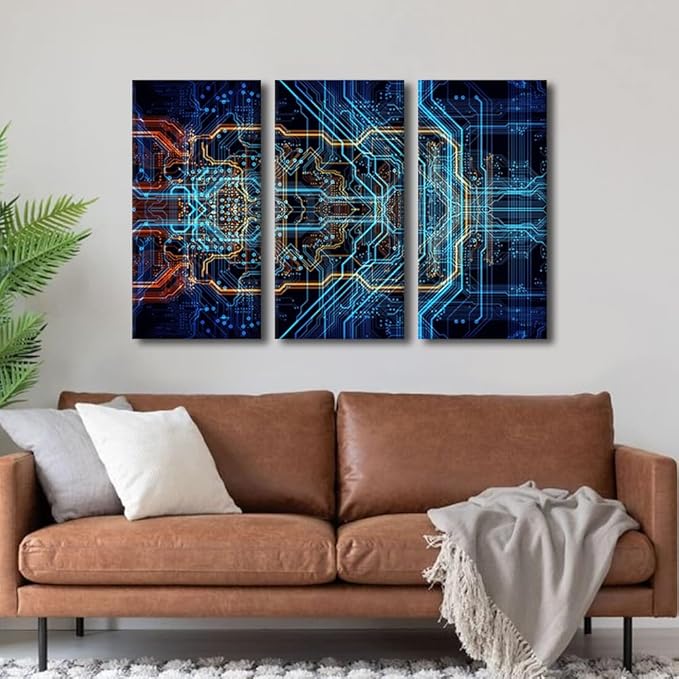 TUMOVO Digital Chip Wall Art CPU Concept House Decorations for Living Room Computer Chip Canvas Wall Art Paintings for Bedroom Office Decor 3 Pieces Modern Artwork Framed Ready to Hang(24" Wx36 H)