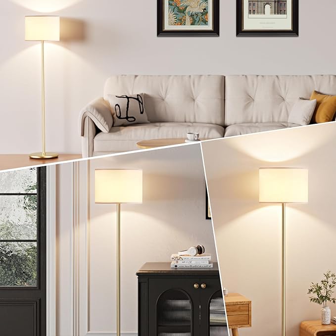 Ambimall 60'' Modern Floor Lamp with Shade, Tall Lamps for Living Room, Bedroom, Office, Dining Room, White Shade with Gold Pole(Without Bulb)