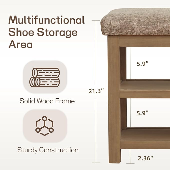 2 Tier Shoe Rack Bench with Cushion, Solid Wood Shoe Benches, Mid-Century Modern Shoe Storage Bench for Entryway, Hallway, Living Room, Closet, Front Door Entrance, (Brown, 31.5")