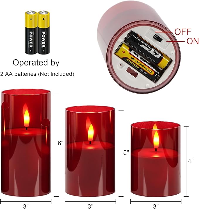 GenSwin Glass Flameless Candles with Remote Battery Operated Flickering LED Pillar Candles Real Wax 3D Wick for Wedding Festival Home Decoration(Red,Pack of 3)