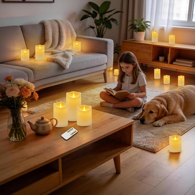 Flameless Candles 4" 5" 6" Outdoor Indoor Pillars Battery Operated Flickering Candles Include 8-Key Remote Timer 400+ Hours by 2 AA Batteries (White Candle - Warm Light, 6 Pack)