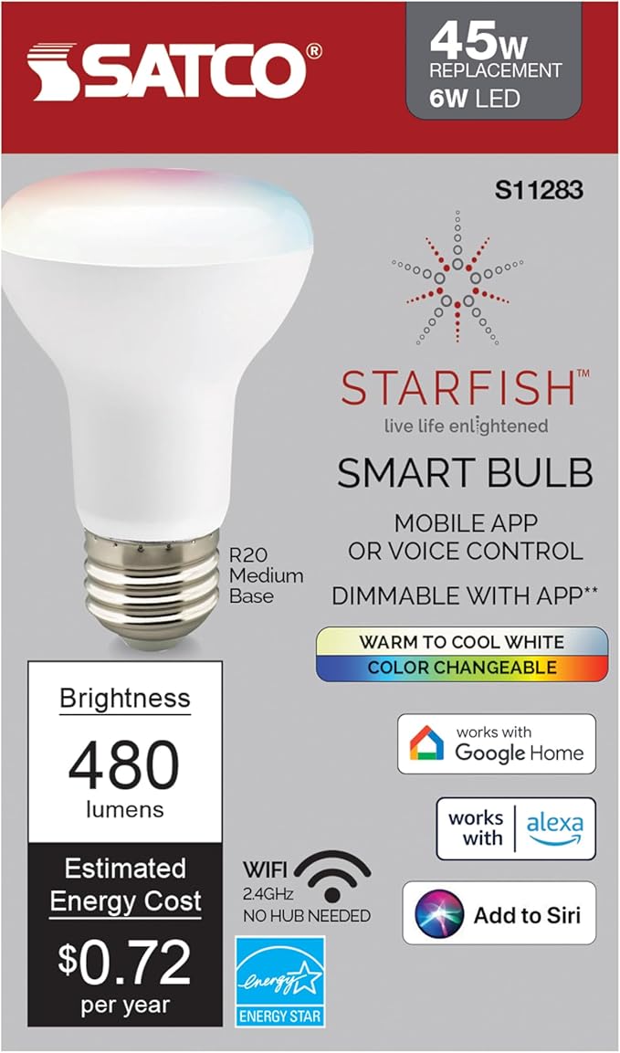 Satco S11283 Starfish WiFi-Control R20 LED Color-Changing and Tunable White Smart Light Bulb, 6 Watts, 2700K-5000K