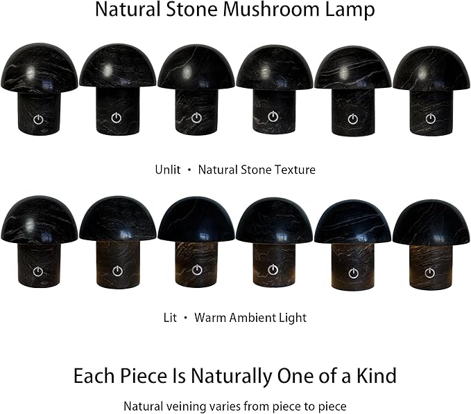 Hand-Polished Natural Marble Mushroom Lamp, Rechargeable LED Stone Night Light with Touch Control and 3 Brightness Levels, Sculptural Bedside Ambient Decor Light for Modern Home