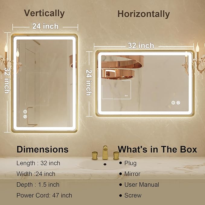 24x32 Inch LED Bathroom Mirror with Round Corner Gold Framed, Lighted Vanity Mirrors with Lights, Front Light and Backlit, Stepless Dimmable, Anti-Fog, Memory, 3 Colors Wall-Mounted Mirrors