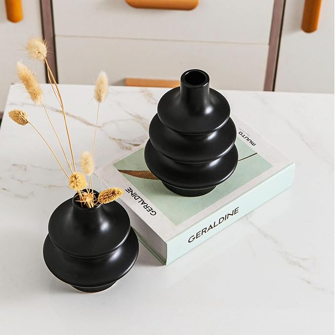 Modern Ceramic Vase Set, Small Matte Black Vases for Home Decor, Minimalist Vase for Entryway, Living Room Decoration, Table Centerpieces