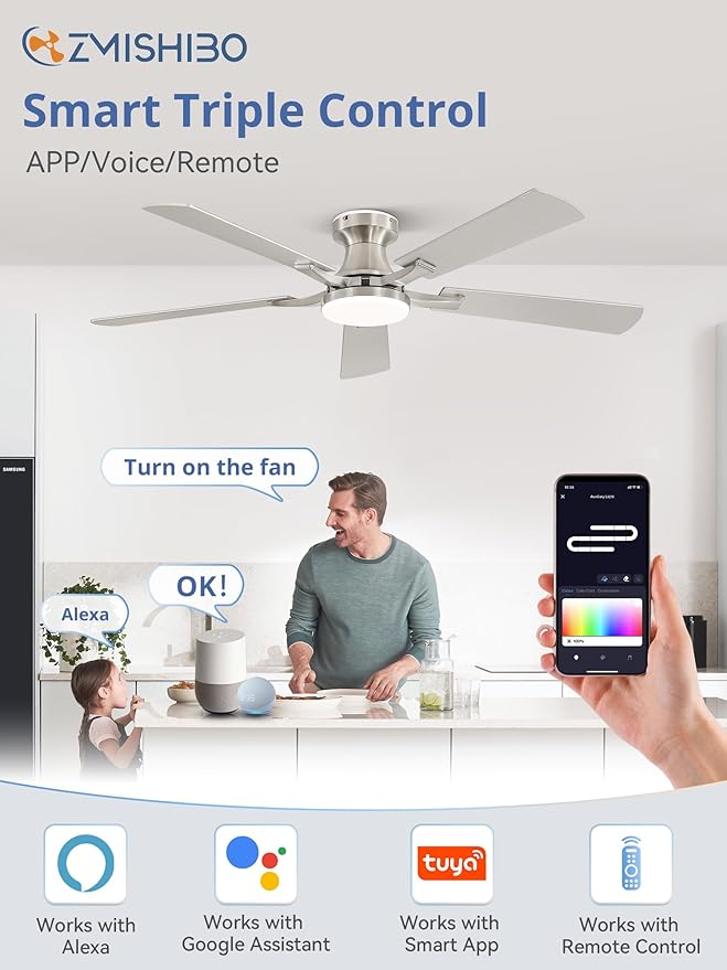 ZMISHIBO 52 Inch Ceiling Fan with RGB Lights, Low Profile Flush Mount with Alexa/App/Remote, Dimmable 20W LED Light, Nickel Modern for Living Room, Bedroom, Game Room