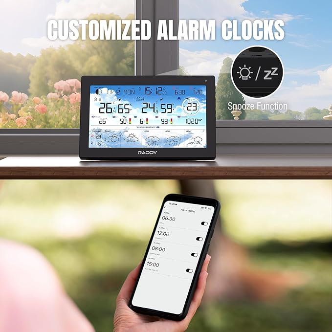 Raddy N90 Wi-Fi Weather Station with 8.8" Display, Smart App Connectivity, Indoor Outdoor Thermometer with Wireless Sensor, Temp & Humidity Monitor, PM2.5/AQI/UVI, 5-Day Forecast, Sunrise/Sunset Time