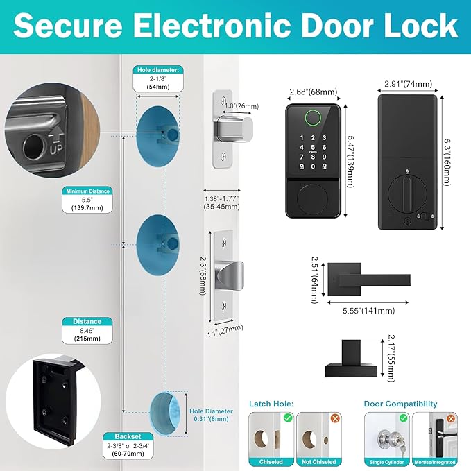 Smart Door Lock Set Keyless Entry Fingerprint Touchscreen Keypad APP IC Card Key Type-C Charging Unlocking with 2 Handles 6 in 1 Electric Biometric Digital Deadbolt for Front Doors Apartment