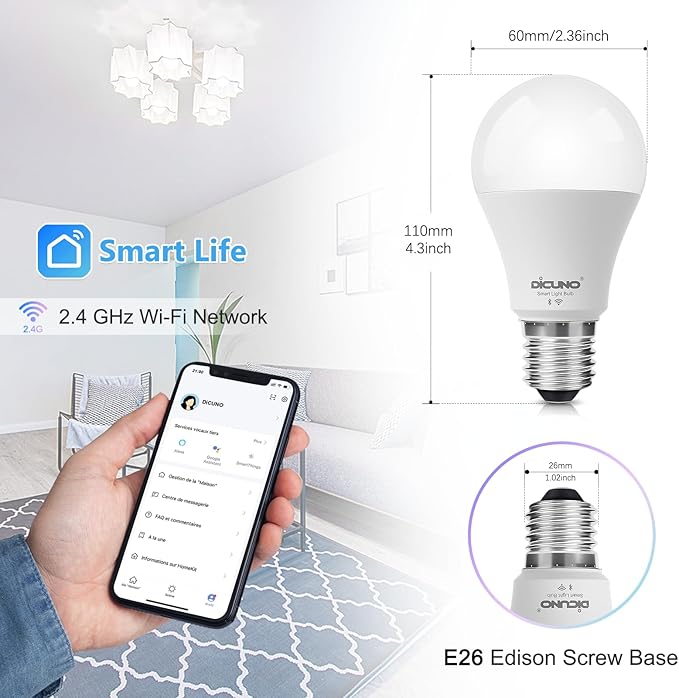 DiCUNO Smart Light Bulbs, Full Color Changing Bulb, Compatible with Alexa, Google Assistant, No Hub Required, RGBCW Multicolor Dimmable Smart LED WiFi Bluetooth A19 E26 9W 800LM Lights, 6-Pack