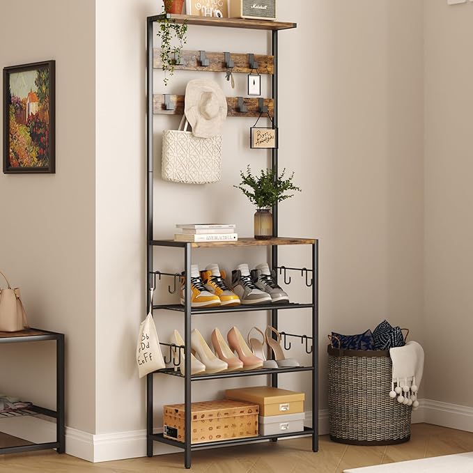 HOMEFORT Coat Rack with Shoe Storage, 5-Tier Shoe and Coat Rack with 9 Clothes Hooks, Freestanding Hall Tree Organizer for Entryway, Bedroom, Rustic Brown
