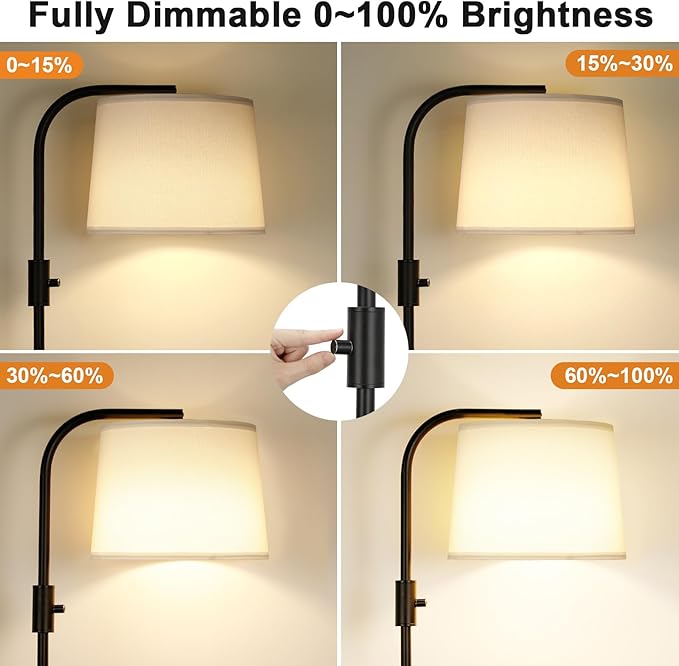 Ambimall 𝐅𝐮𝐥𝐥𝐲 𝐃𝐢𝐦𝐦𝐚𝐛𝐥𝐞 Floor Lamp - Floor Lamps with 9W 𝐋𝐄𝐃 Bulb, Standing Lamps for Living Room with Adjust Head, Modern Standing Tall Light Rotary Switch for Office(Black and White)