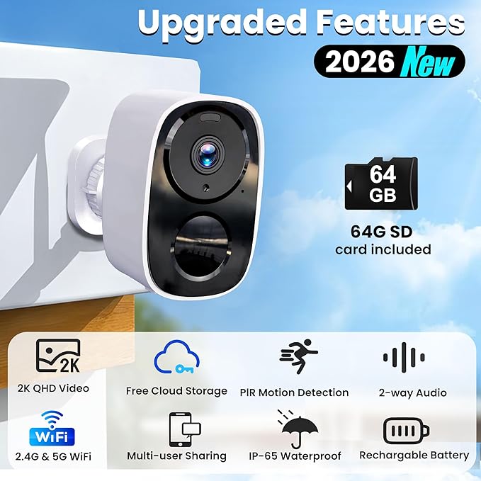 2026 Upgraded 2K Wireless Security Camera with 64G SD Card, Free Cloud Storage, 1-6 Month Battery Life, AI Motion Detection, Spotlight, Siren Alarm, 2-Way Audio, Waterproof WiFi Surveillance Camera