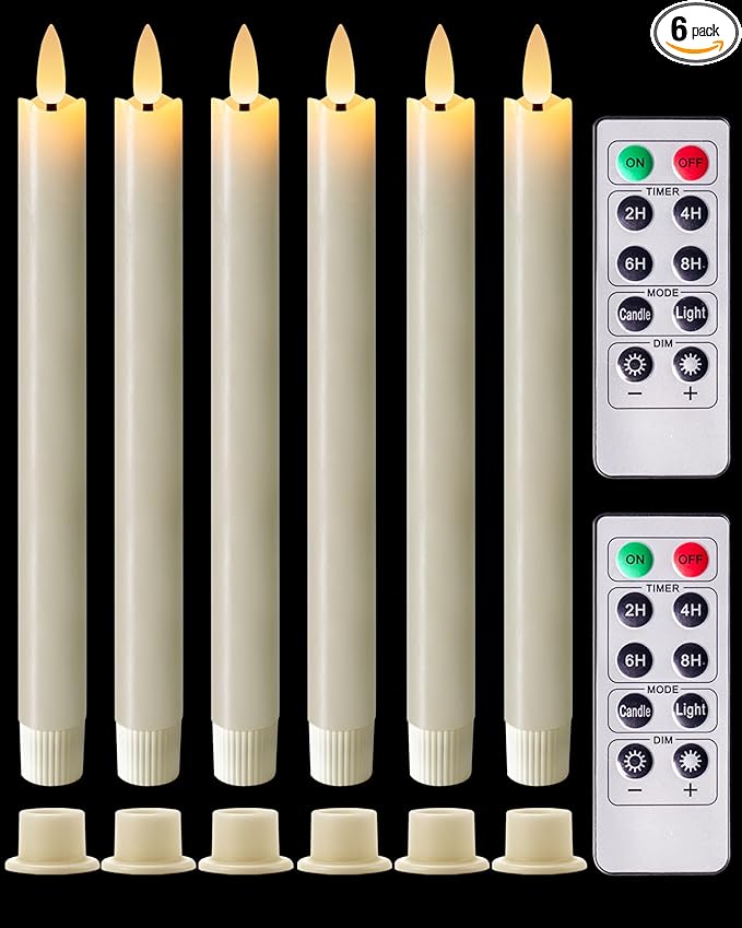 Homemory Real Waxy Flameless Taper Candles with Remote Timer, LED Candlesticks Flickering, Battery Operated Candles with Holders, 9.6 Inches for Home Christmas Wedding Celebration Decor, Ivory, 6 Pcs