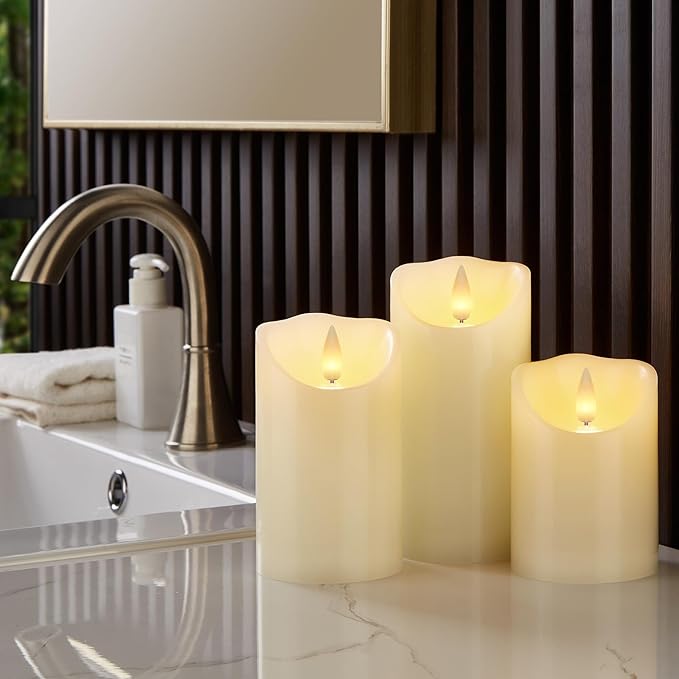 Flameless Pillar Candles Flickering with Remote Timer, Battery Operated LED Candles Up to 400 Hours, 3D Moving Flame Real Wax Candles. (Ivory with Scalloped Edge)