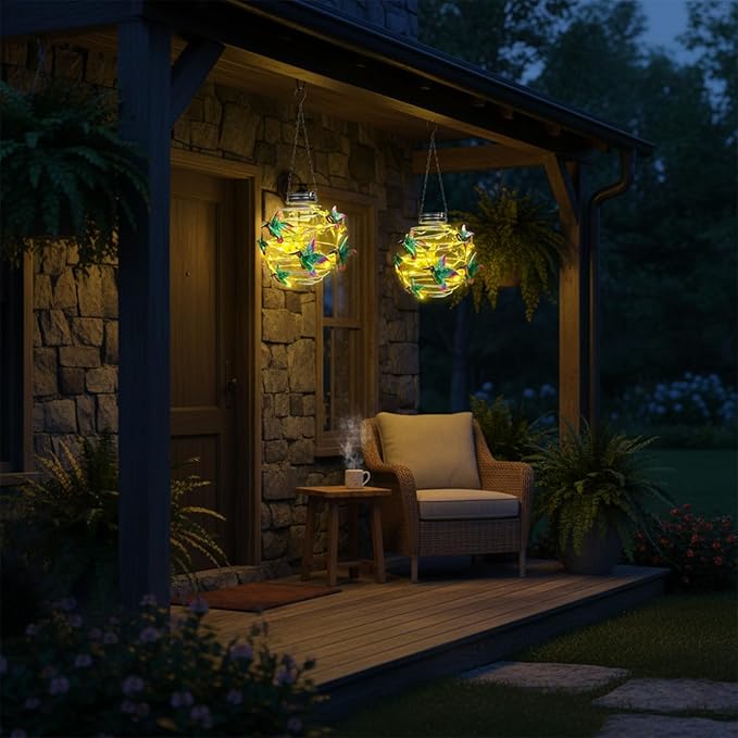 2 Pack Hummingbird Solar Lights Outdoor Hanging Lantern with Handle, Solar Powered Hummingbird Garden Decor for Outside Patio Yard Porch Pathway Hummingbird Gifts for Women (Warm White LED Lights)