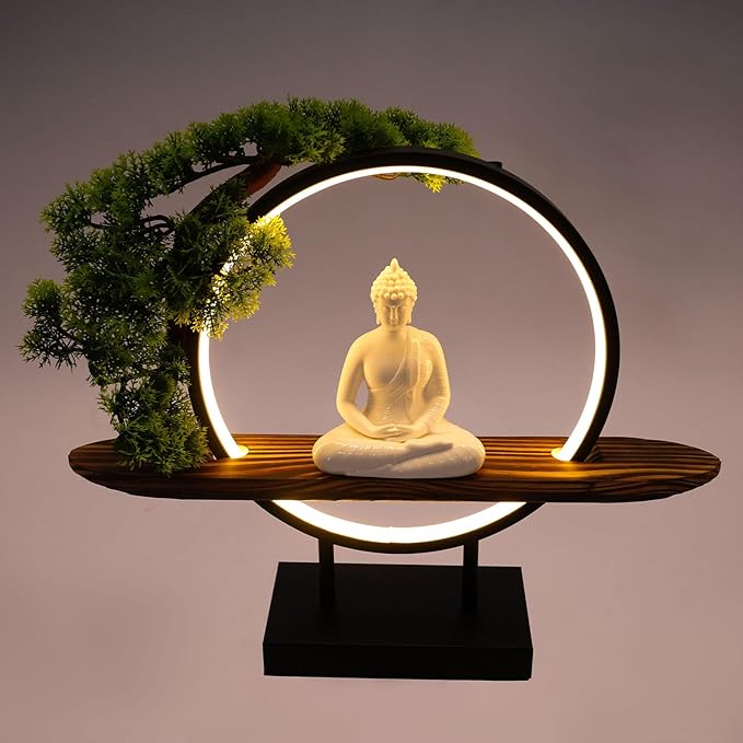 Buddha Statue Lamp with LED Light, 16.5in Zen Decor for Office Desk, Mindfulness Gift for Meditation Space, Indoor Home Decor Figurine with Artificial Tree
