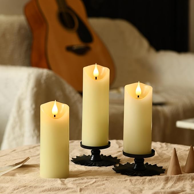 Rechargeable Flameless Candles, 2" x 6", ste of 2, Battery Operated Led Candles, Real Wax Candle with Remote and Timer, Ivory 3D Wick Pillar Candle for Home Fireplace, Wedding Decoration