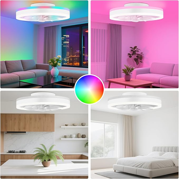 RGB Ceiling Fans with Lights, 16" Fandelier Low Profile Ceiling Fan with Light, Modern Flush Mount Ceiling Fan Light with Remote/APP Control, Bedroom Chandelier Fan Fixture for Indoor(White)