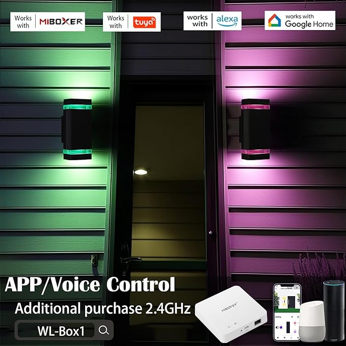 Smart Wall Light, RGB Outdoor Light Fixture with Mi.Light Remote Control, Warm White and RGB-CCT 1000lm Color Changing Outdoor Wall Lights with Smart Light Bulb GU10 (2 Pack)