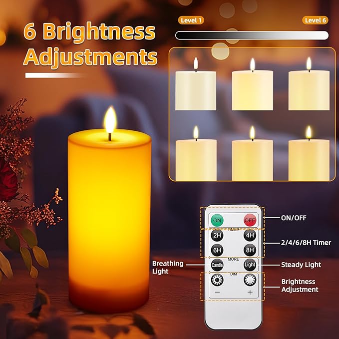 IMAGE 4"x8" Waterproof Rechargeable Flameless Candles with Timer & Remote Control, Fake LED Pillar Plastic Candles Light for Outdoor, Lanterns, Porch, Flickering & Long Lasting, Set of 2