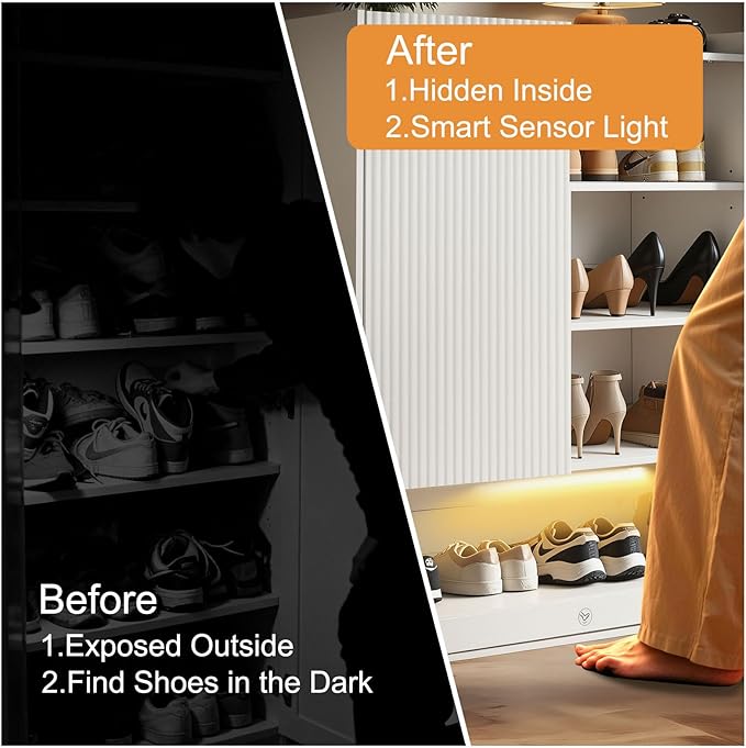 Shoe Cabinet with LED Light, 4-Tier Shoe Storage Cabinet with 2 Adjustable Shelves, Large Shoe Storage with Fluted Panel Modern Shoe Rack for Entryway, Bottom Pop-Up Shoe Rack, White