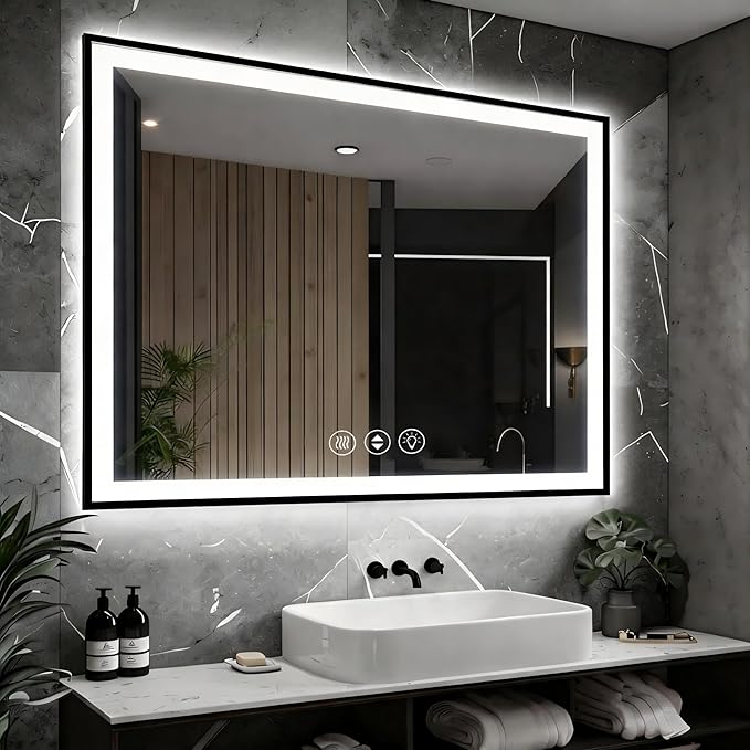 48x40 LED Lighted Bathroom Mirror - Black Aluminum Framed (Front and Backlit), Anti-Fog Bathroom Mirror with Lights,Stepless Dimmable LED Mirror,3 Colors Smart Mirror(Horizontal/Vertical)