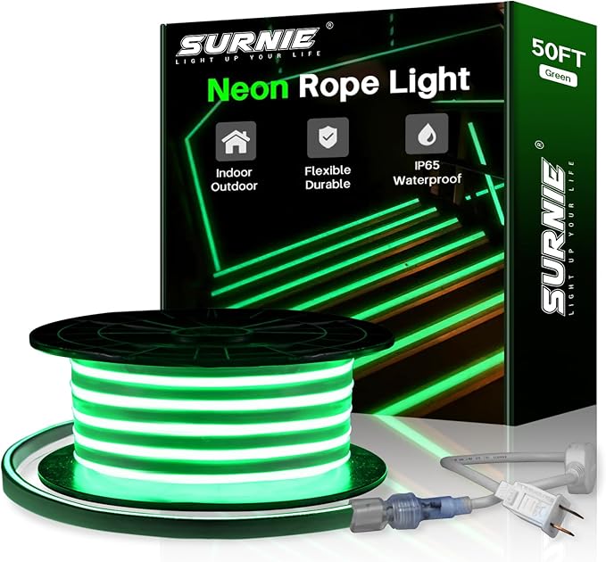 SURNIE LED Neon Lights 50ft LED Strip Lights Waterproof 110V Flexible Cuttable Connectable Rope Lights Outdoor, Green Neon Lights Decor DIY, Bar, Hotel, Commercial Building Use