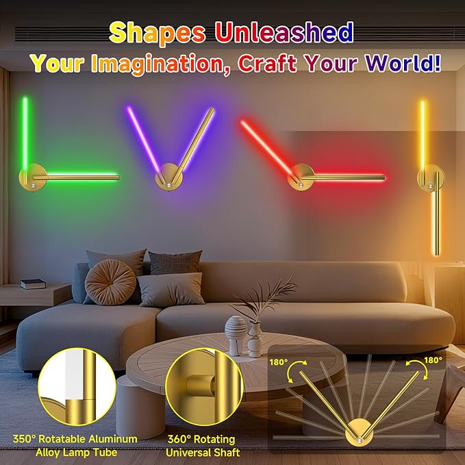 Battery Operated Wall Sconce of 2, 360°DIY Rotatable,Wireless Magnetic Wall Lights with Remote,10 RGB Color with 5CCT Dimmable,Cordless Wall Lamp Decor for Vanity Bedroom 10000mAh Gold