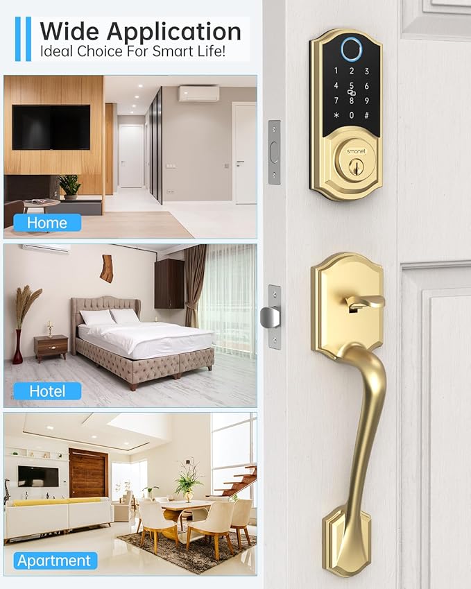 SMONET Smart Lock Keyless Entry Door Lock,Brass Fingerprint Smart Deadbolt with App Remote Control,Electric Bluetooth Digital Door Locks for Front Door,Easy to Install,Gold