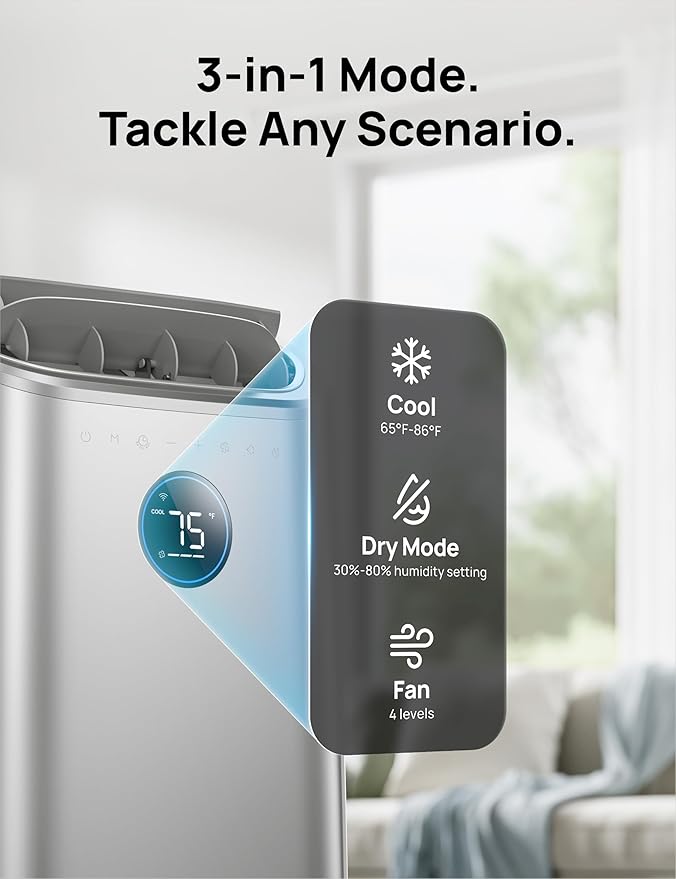 DREO Portable Air Conditioners, 12,000 BTU AC Unit for Bedroom with Drainage-free Cooling, 46dB Quiet, APP/Voice/Remote, 24h Timer with Fan & Dehumidifier, Smart Standing AC for Room Indoors, AC515S