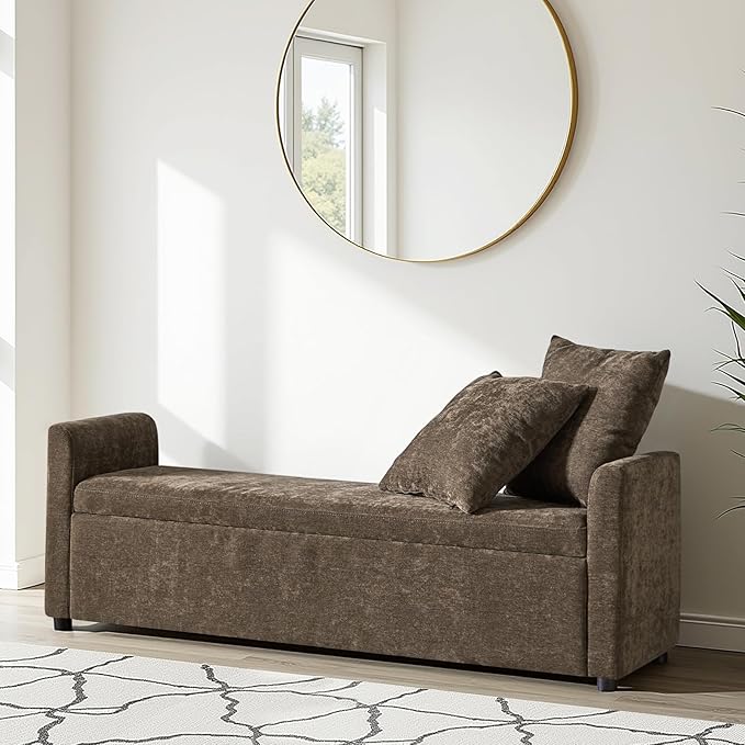 59.5" Modern Storage Ottoman Bedroom Bench, End of Bed Bench with Arms and Throw Pillows, Footrest Stool for Living Room, Dining Room, Entryway and Hallway, Taupe