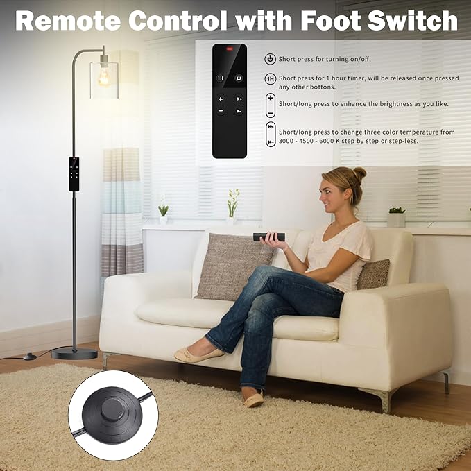 Industrial Floor Lamp with Glass Shade, Modern Dimmable Floor lamp with Remote LED Bulbs, Tall Lamp for Living Room Corner, Bedroom, Office (Black)