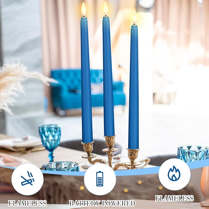 Macarrie 24 Packs Flameless Taper Candles Battery Operated Fake 11 Inch Long Candlelight LED Flameless Candlesticks Flickering Tapered for Spring Summer Wedding(Blue)