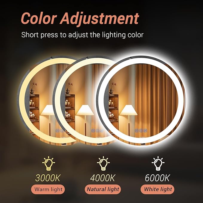 24” Circle LED Bathroom Mirror Round LED Mirror Bathroom Vanity Mirror with Lights Wall-Mounted Front & Backlit,Stepless Dimming,Smart Memory Touch,Anti-Fog,Shatterproof for Modern