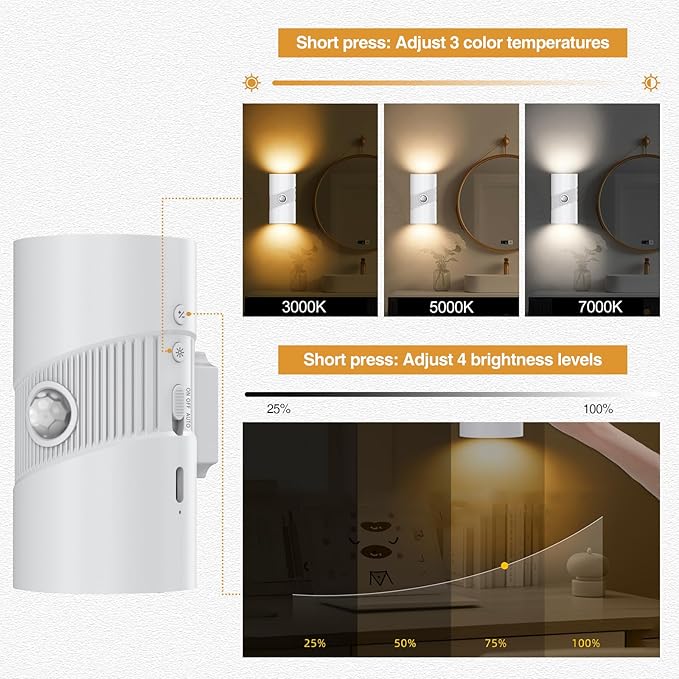 Tomshine Rechargeable Wireless Wall Light (2 Pack) - Motion Sensor Night Light Battery Operated, Adhesive Wall Sconce with 3 Modes, 3 Color Temps & 4 Brightness, USB-C for Hallway, Stairs Indoor