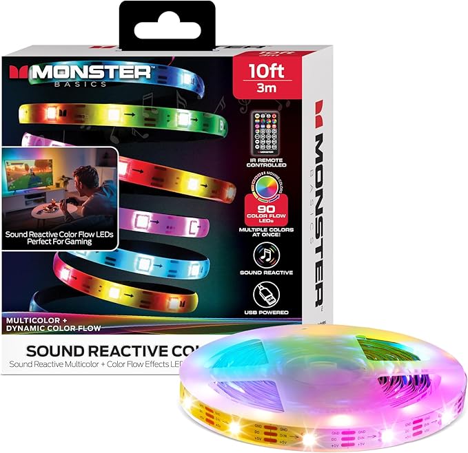 Monster 10ft Sound Reactive LED+IC Strip Lights, RGB Color Changing Music Sync Light Strip with IR Remote Control, Multicolor Ambient Lighting for Bedroom, Gaming Room, TV, Desk & Home Decor
